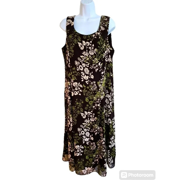 Studio I Size 14 Vintage 90s Brown Green Floral Maxi Dress Boho Cottage Earthy - Picture 2 of 7